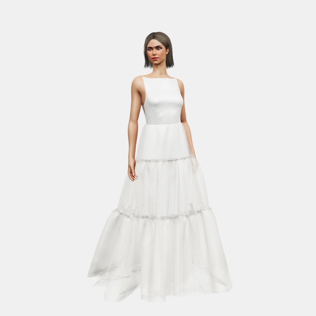 Boat + A-lined tiered tulle Shinny Charmeuse / Tulle-Ivory