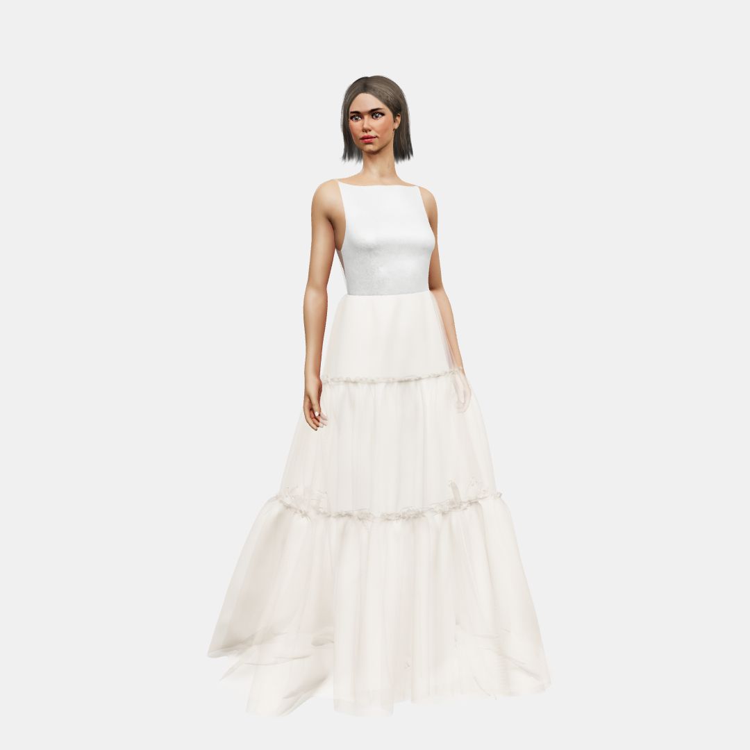 Boat + A-lined tiered tulle Shinny Charmeuse / Tulle-Nude