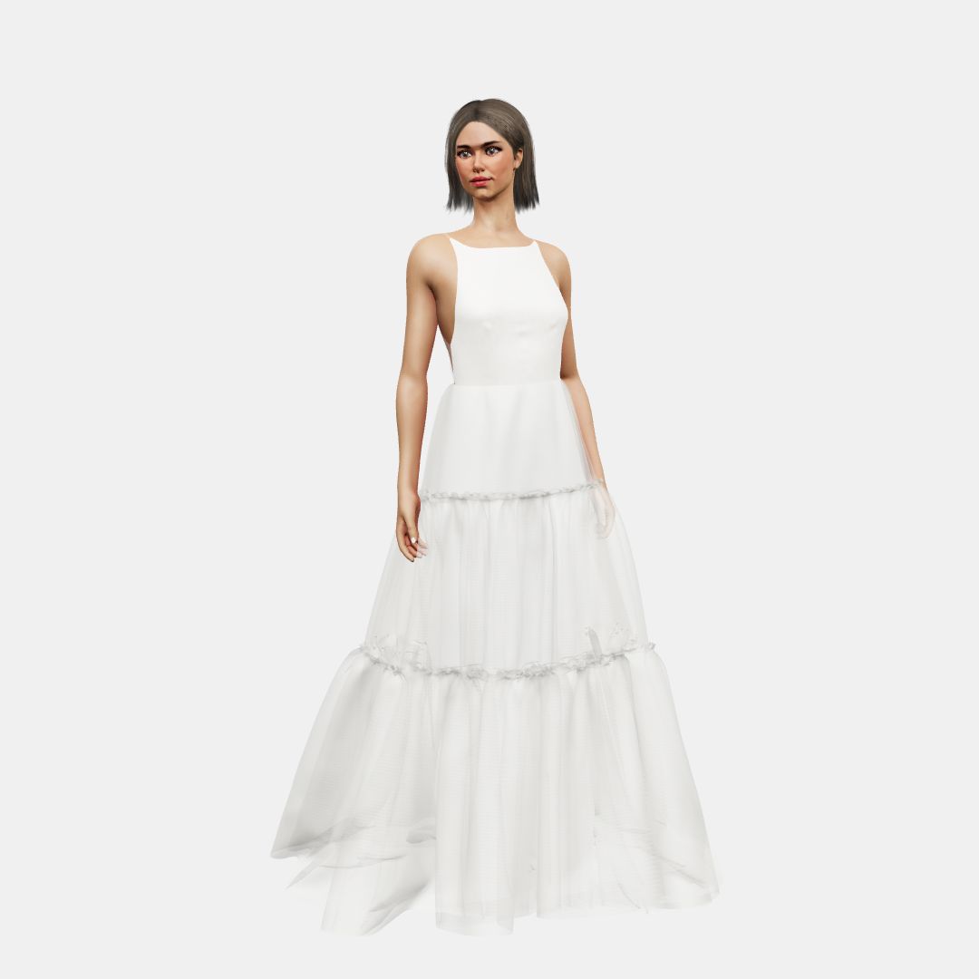 Crew boat neck + A-lined tiered tulle Matt Silk / Tulle-Ivory