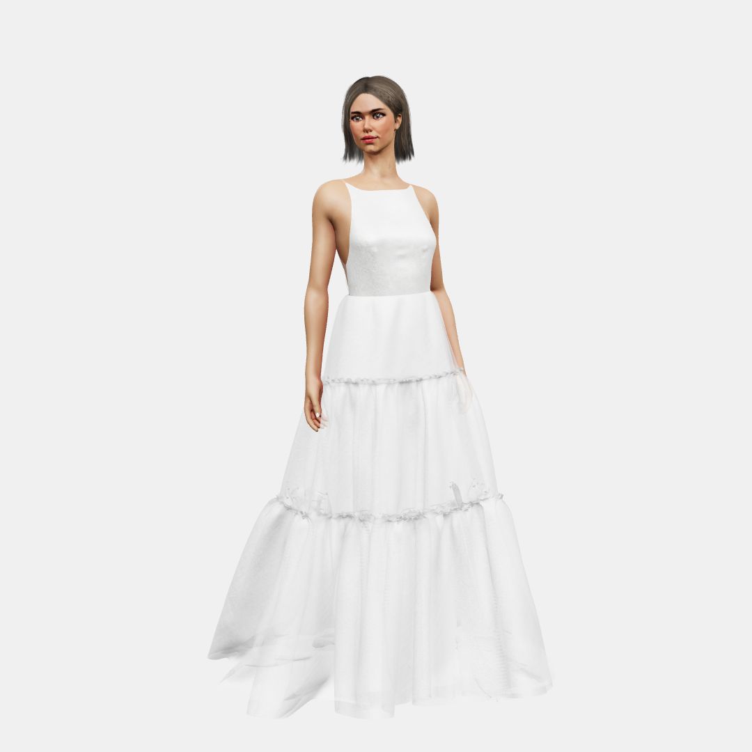 Crew boat neck + A-lined tiered tulle Shinny Charmeuse / Chiffon