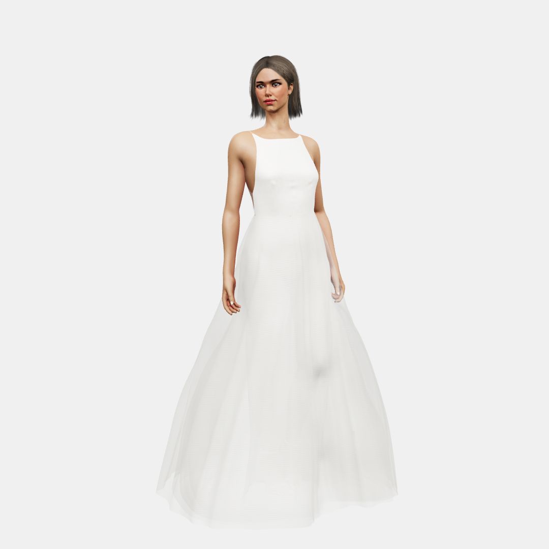 Crew boat neck + A-lined tulle Matt Silk / Tulle-Ivory