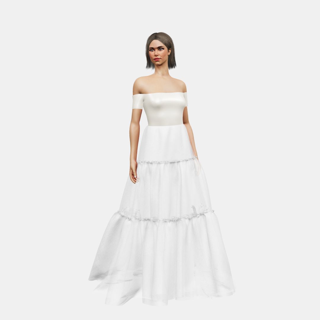 Off shoulder + A-lined tiered tulle Heavy Satin / Chiffon