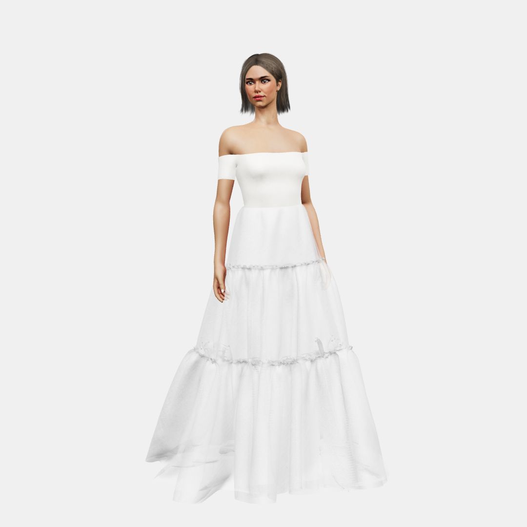 Off shoulder + A-lined tiered tulle Matt Silk / Chiffon