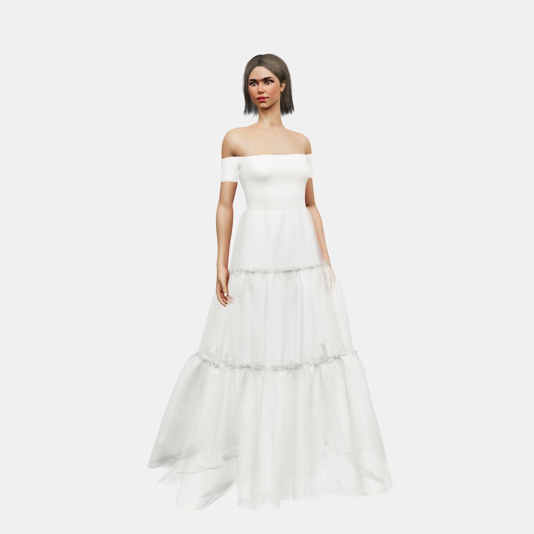 Off shoulder + A-lined tiered tulle Matt Silk / Tulle-Ivory