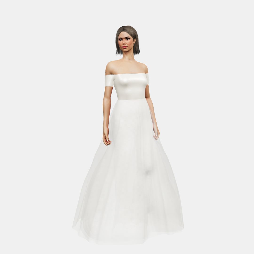 Off shoulder + A-lined tulle Heavy Satin / Tulle-Ivory