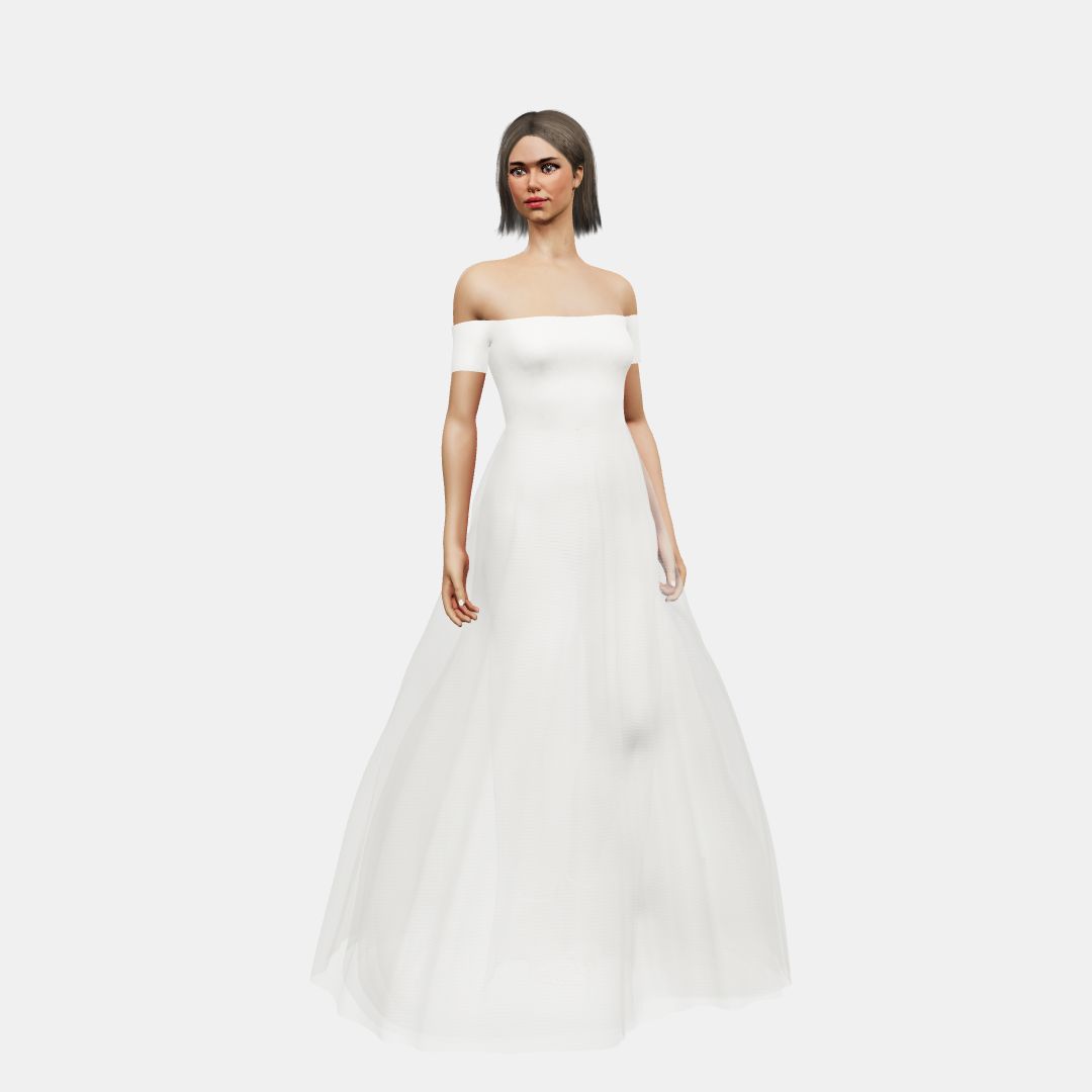 Off shoulder + A-lined tulle Matt Silk / Tulle-Ivory