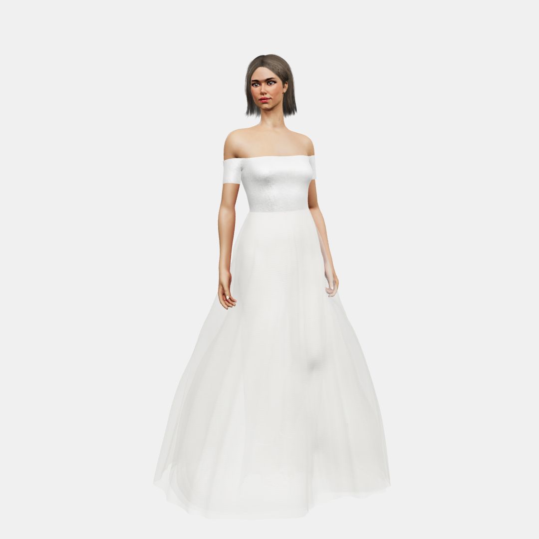 Off shoulder + A-lined tulle Shinny Charmeuse / Tulle-Ivory