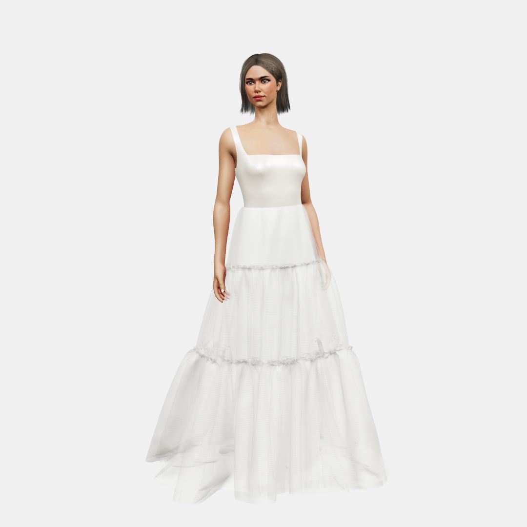 Square neck + A-line tired tulle Heavy Satin / Tulle-Ivory