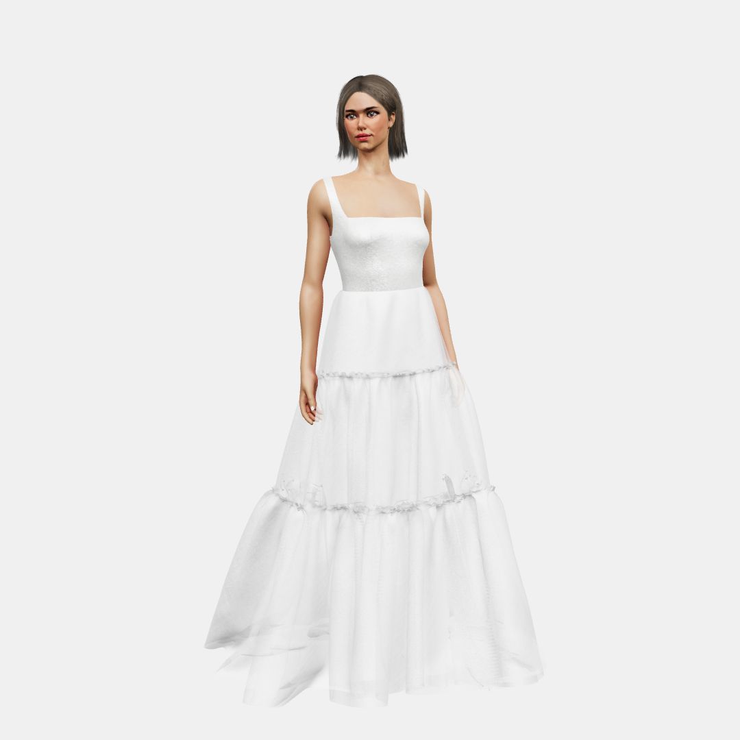 Square neck + A-line tired tulle Shinny Charmeuse / Chiffon