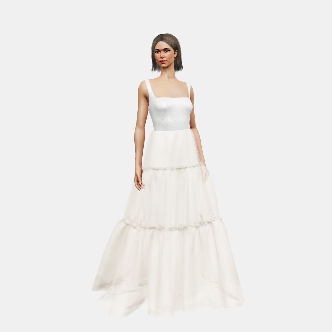 Square neck + A-line tired tulle Shinny Charmeuse / Tulle-Nude