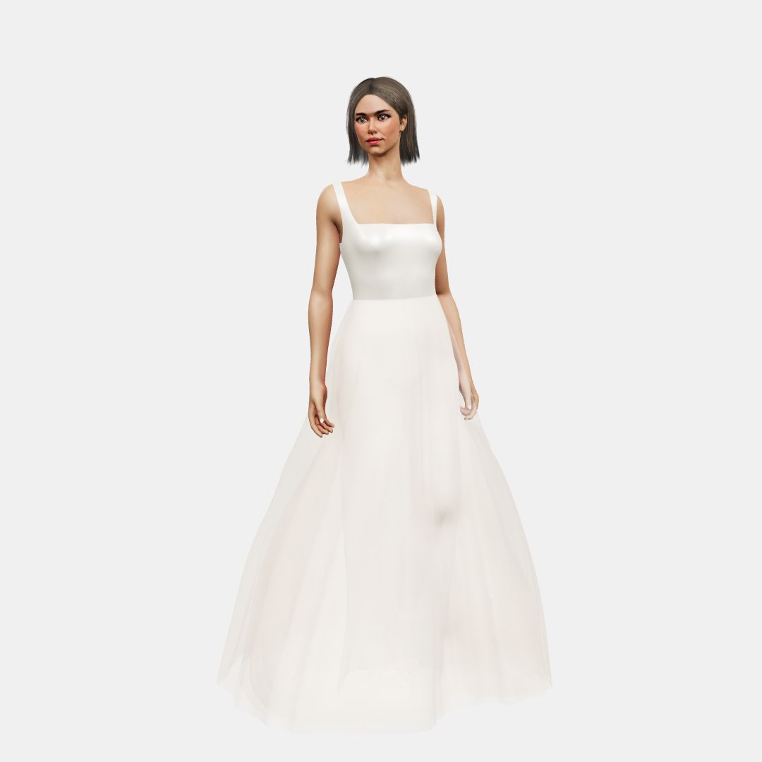 Square neck + A-line tulle Heavy Satin / Tulle-Nude