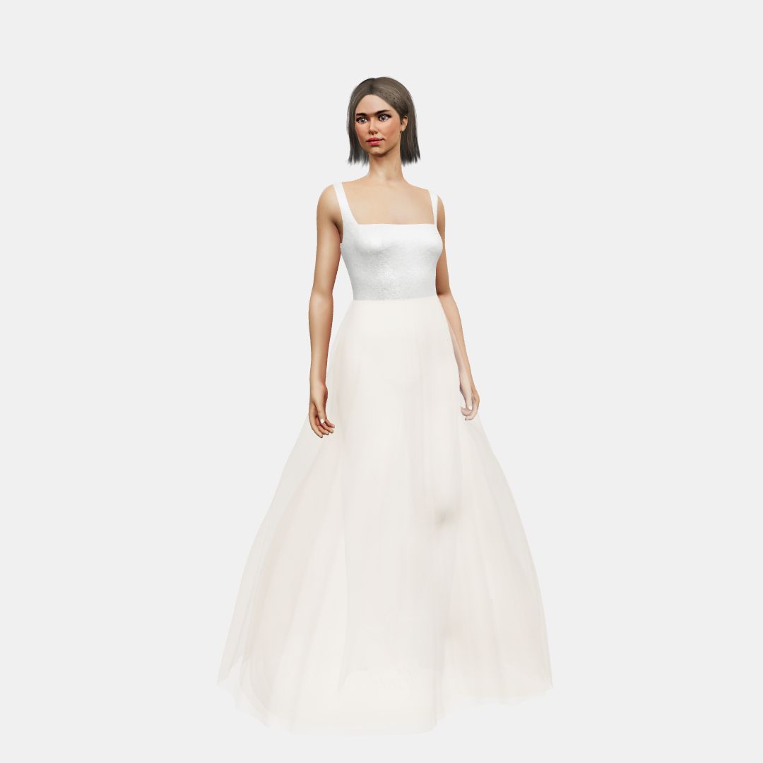 Square neck + A-line tulle Shinny Charmeuse / Tulle-Nude