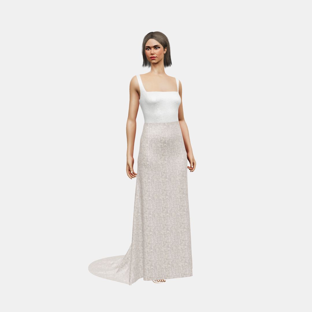 Square neck + column Shinny Charmeuse / Beaded Sequin Tulle