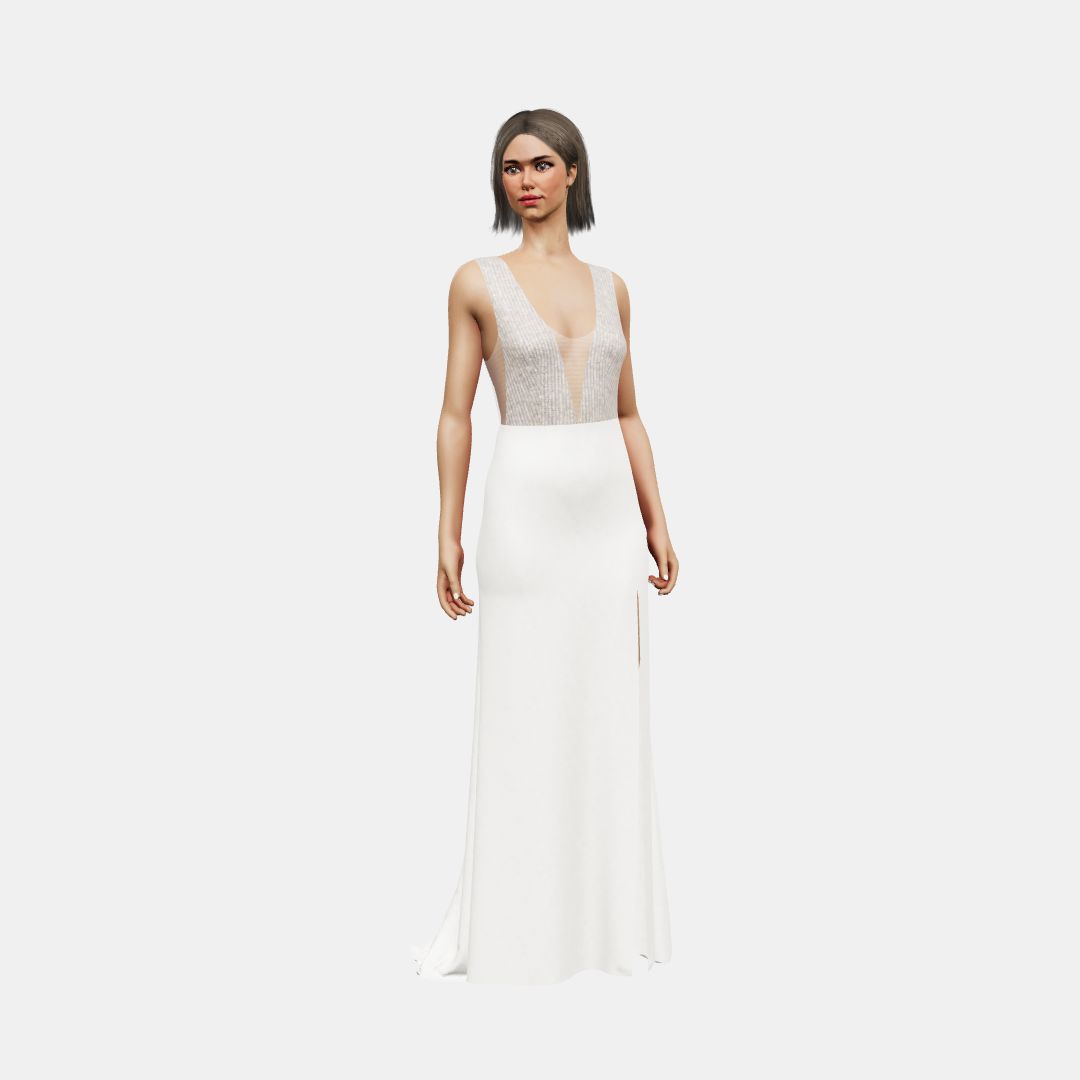 Deep V neck + column with slit Beaded Sequin Tulle / Matt Silk