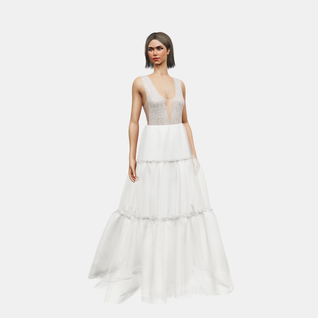 Deep V neck + A-lined tiered tulle Beaded Sequin Tulle / Tulle-Ivory