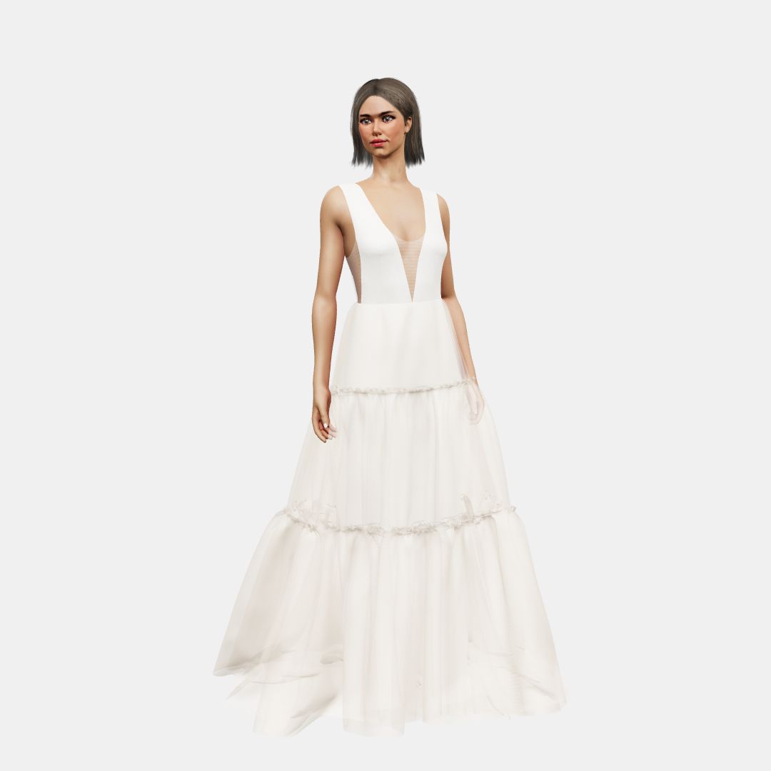 Deep V neck + A-lined tiered tulle Matt Silk / Tulle-Nude