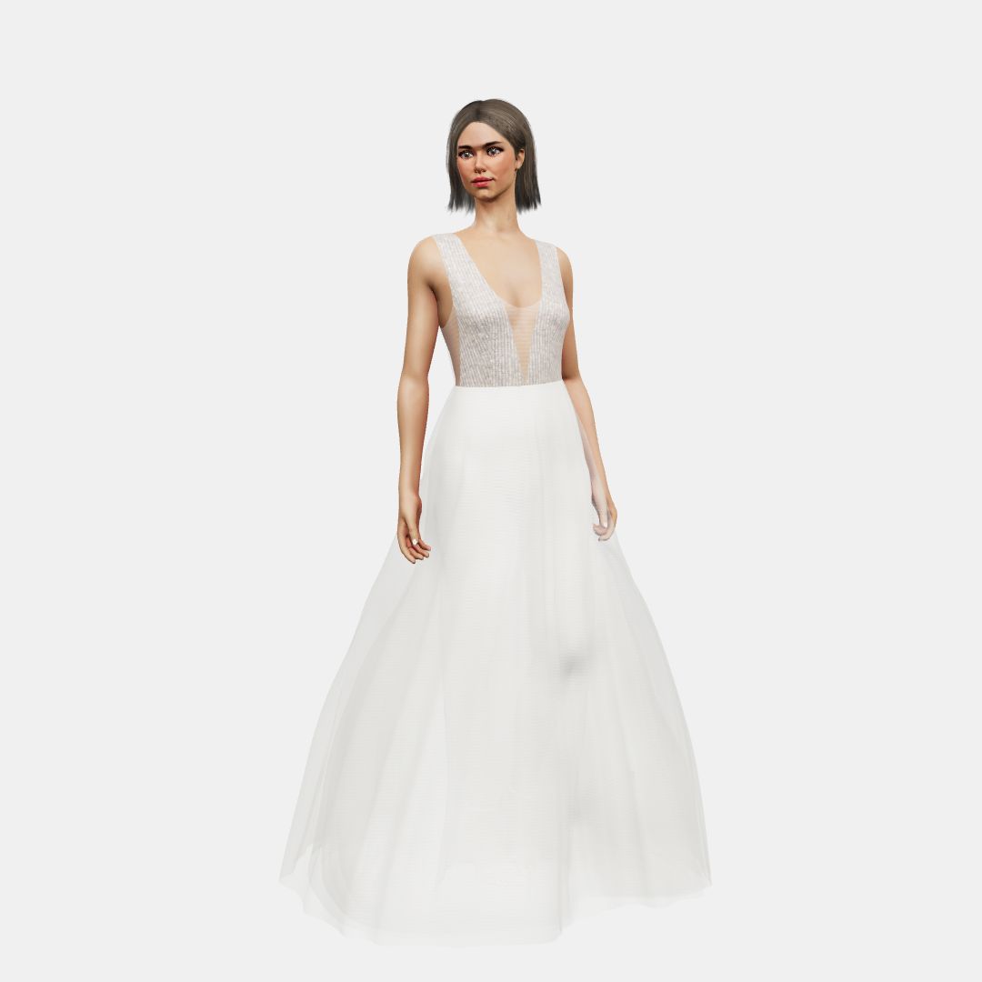 Deep V neck + A-lined tulle Beaded Sequin Tulle / Tulle-Ivory