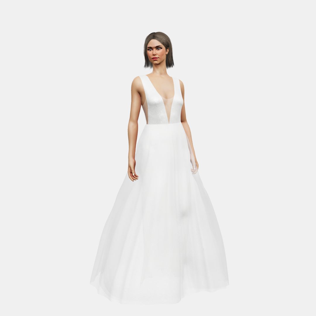 Deep V neck + A-lined tulle Shinny Charmeuse / Chiffon