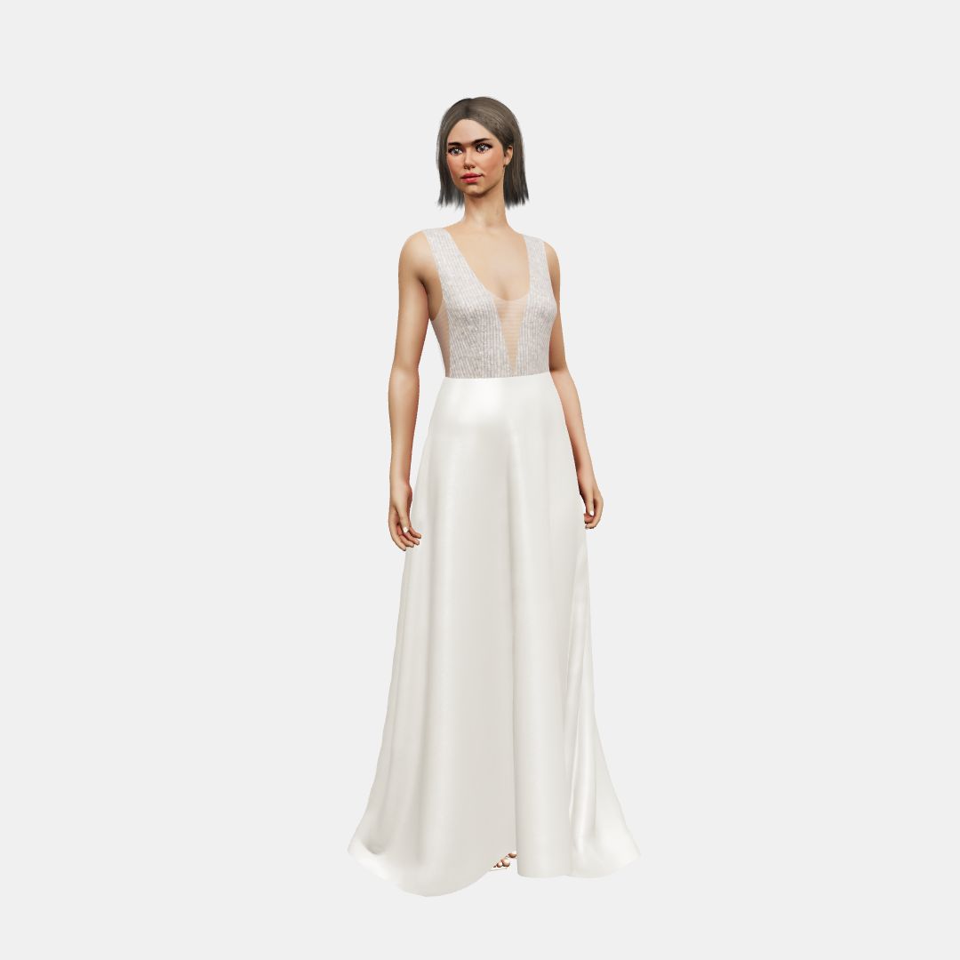 Deep V neck + A-lined Beaded Sequin Tulle / Heavy Satin