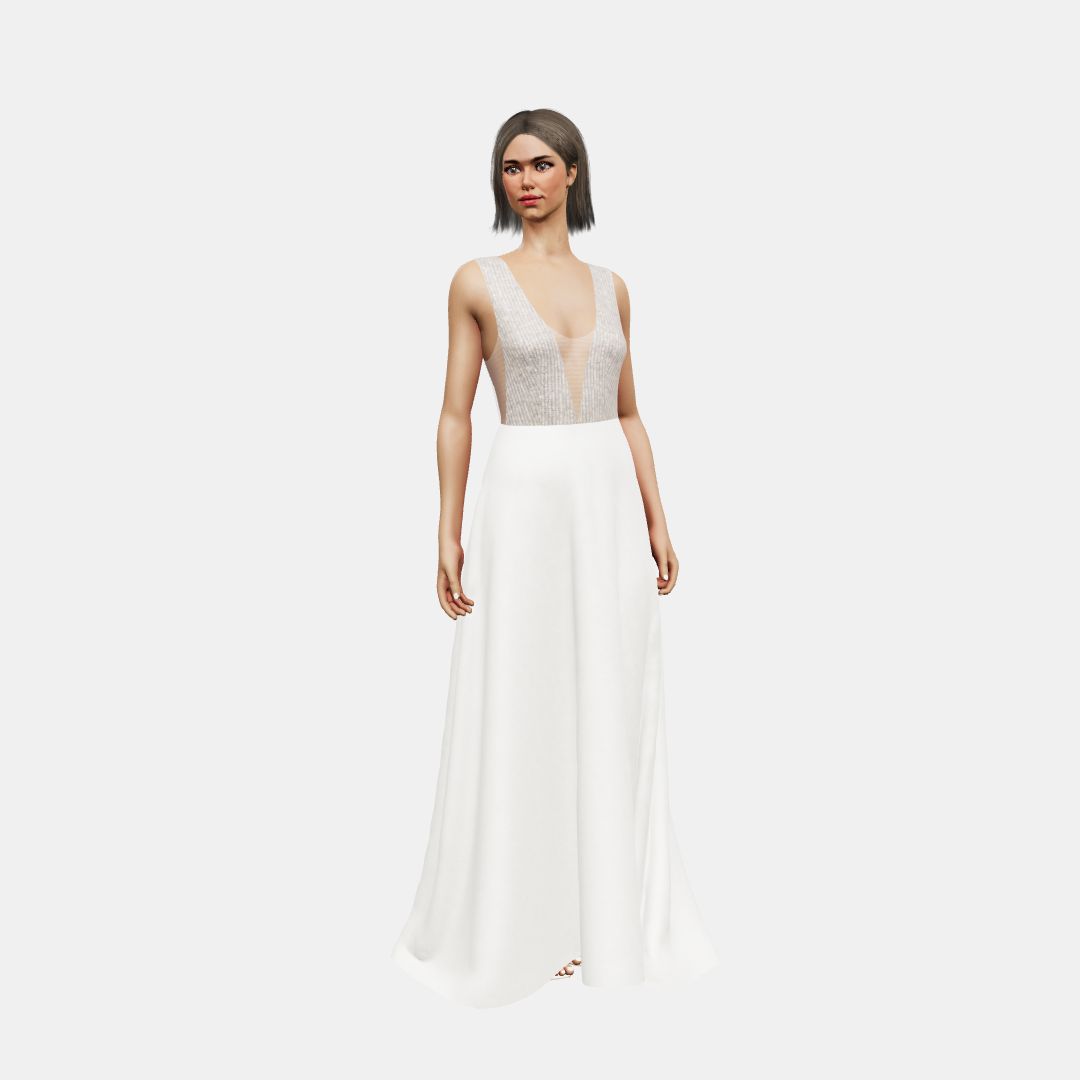 Deep V neck + A-lined Beaded Sequin Tulle / Matt Silk