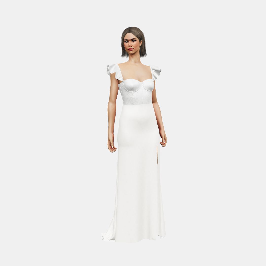 Bustier w/ ruffle straps+ column with slit Shinny Charmeuse / Matt Silk