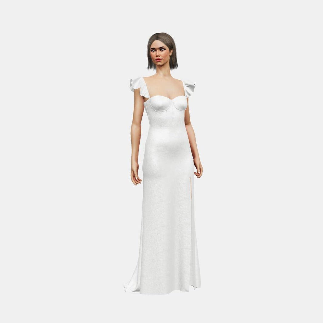 Bustier w/ ruffle straps+ column with slit Shinny Charmeuse / Shinny Charmeuse