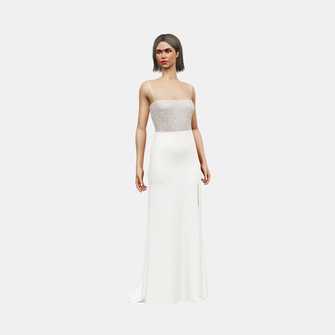 Bandeau and open back + column with slit Beaded Sequin Tulle / Matt Silk