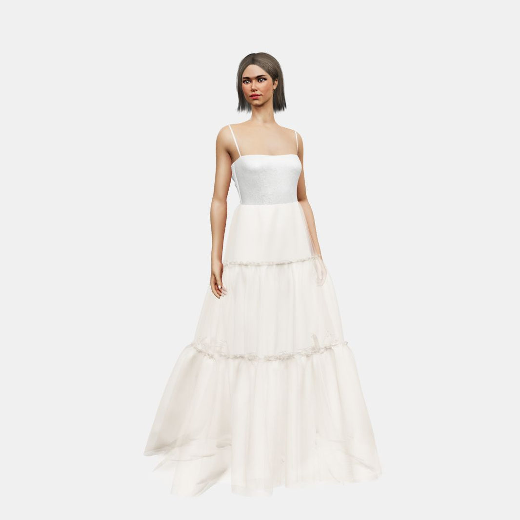 Bandeau and ties + A-lined tiered tulle Shinny Charmeuse / Tulle-Nude