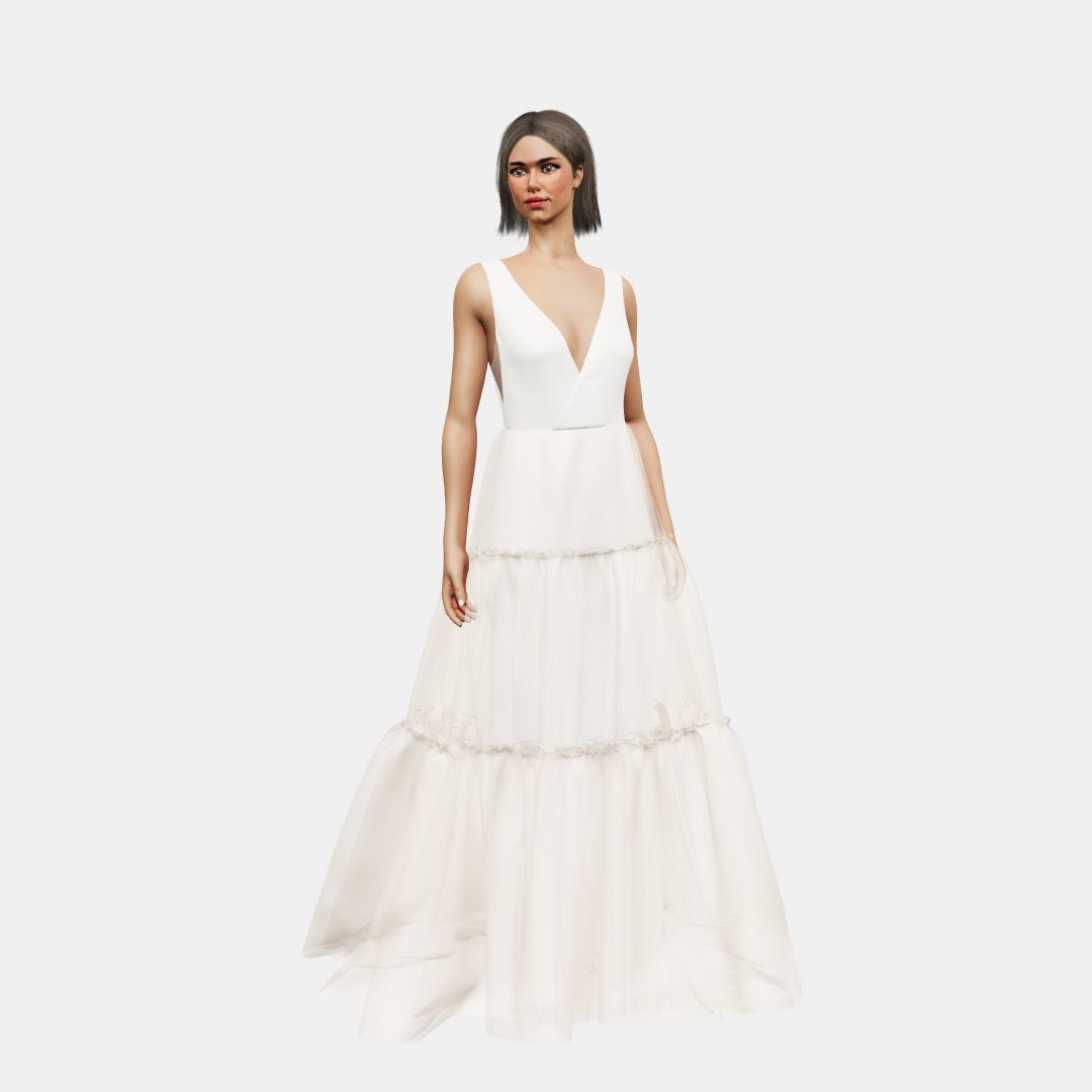 V neck cross over + A-lined tiered tulle Matt Silk / Tulle-Nude