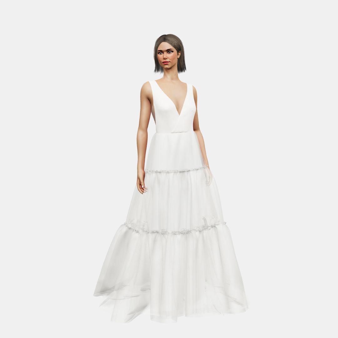 V neck cross over + A-lined tiered tulle Matt Silk / Tulle-Ivory