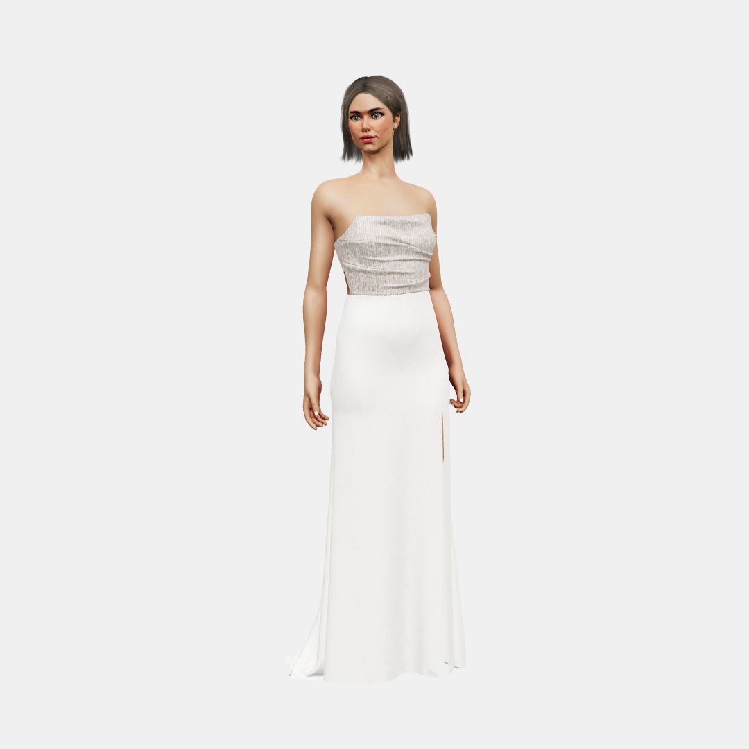 Draped bustier + column with slit Beaded Sequin Tulle / Matt Silk