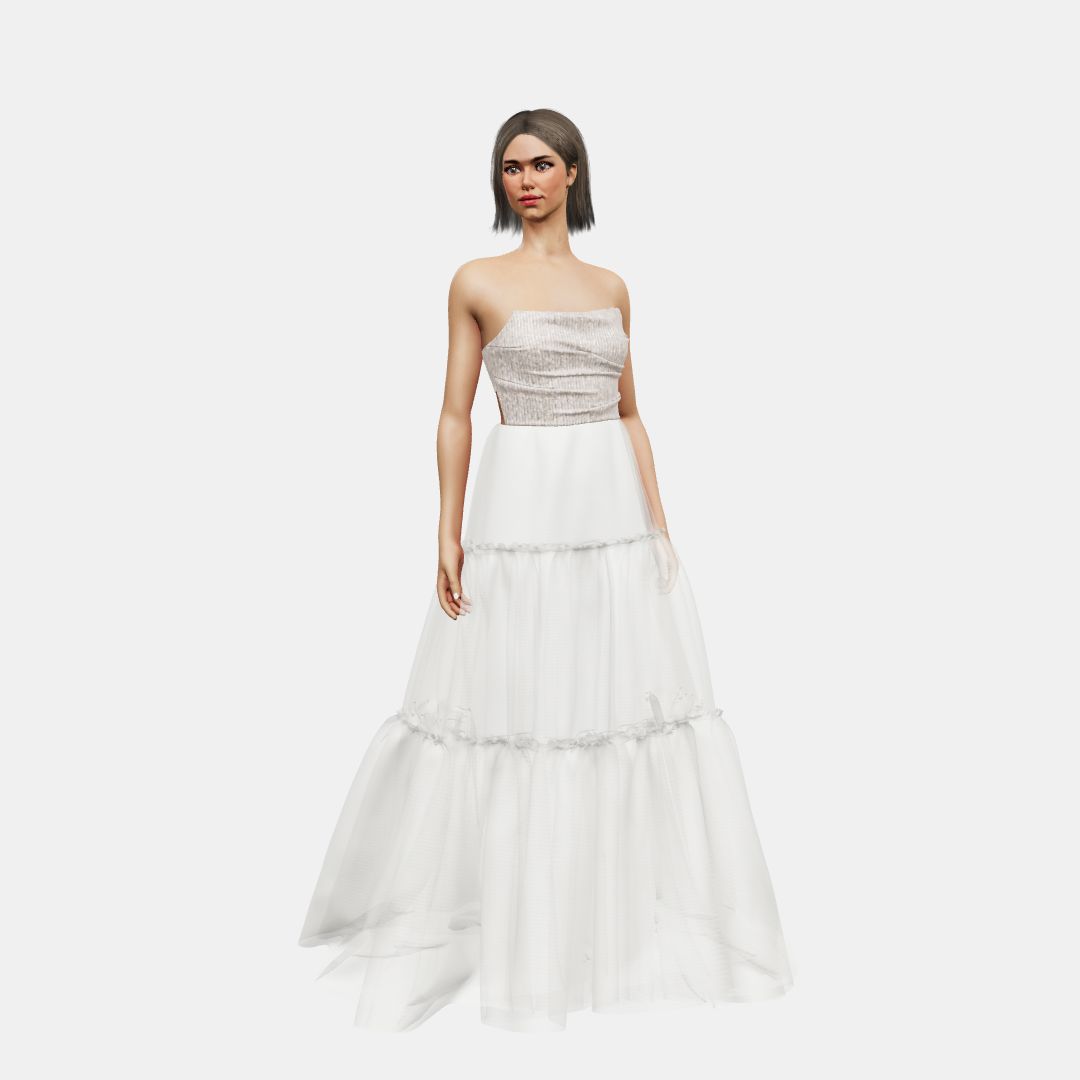 Draped bustier + A-lined tiered tulle Beaded Sequin Tulle / Tulle-Ivory