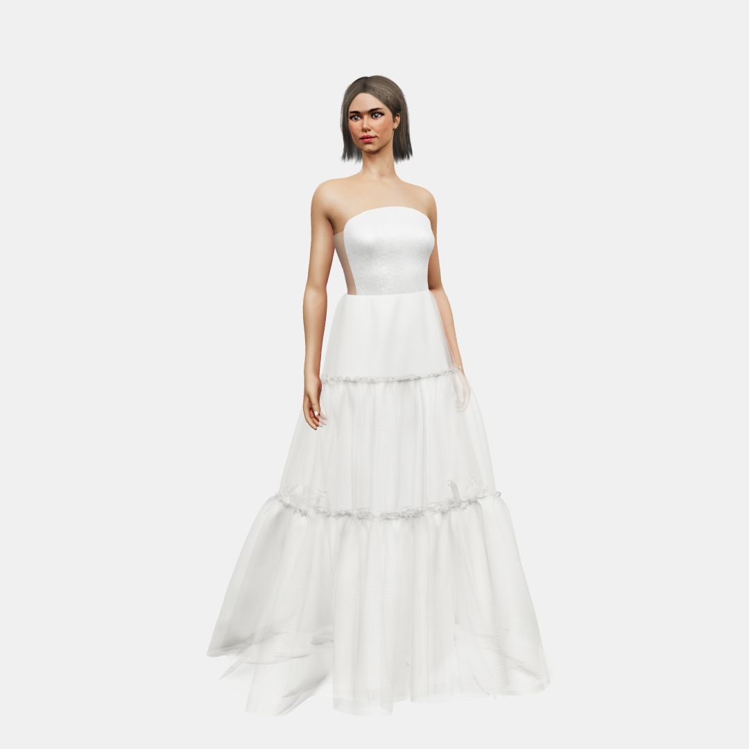 Rounded bustier + A-lined tiered tulle Shinny Charmeuse / Tulle-Ivory