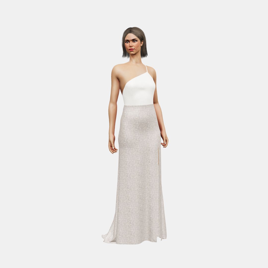 One shoulder + column with slit Matt Silk / Beaded Sequin Tulle