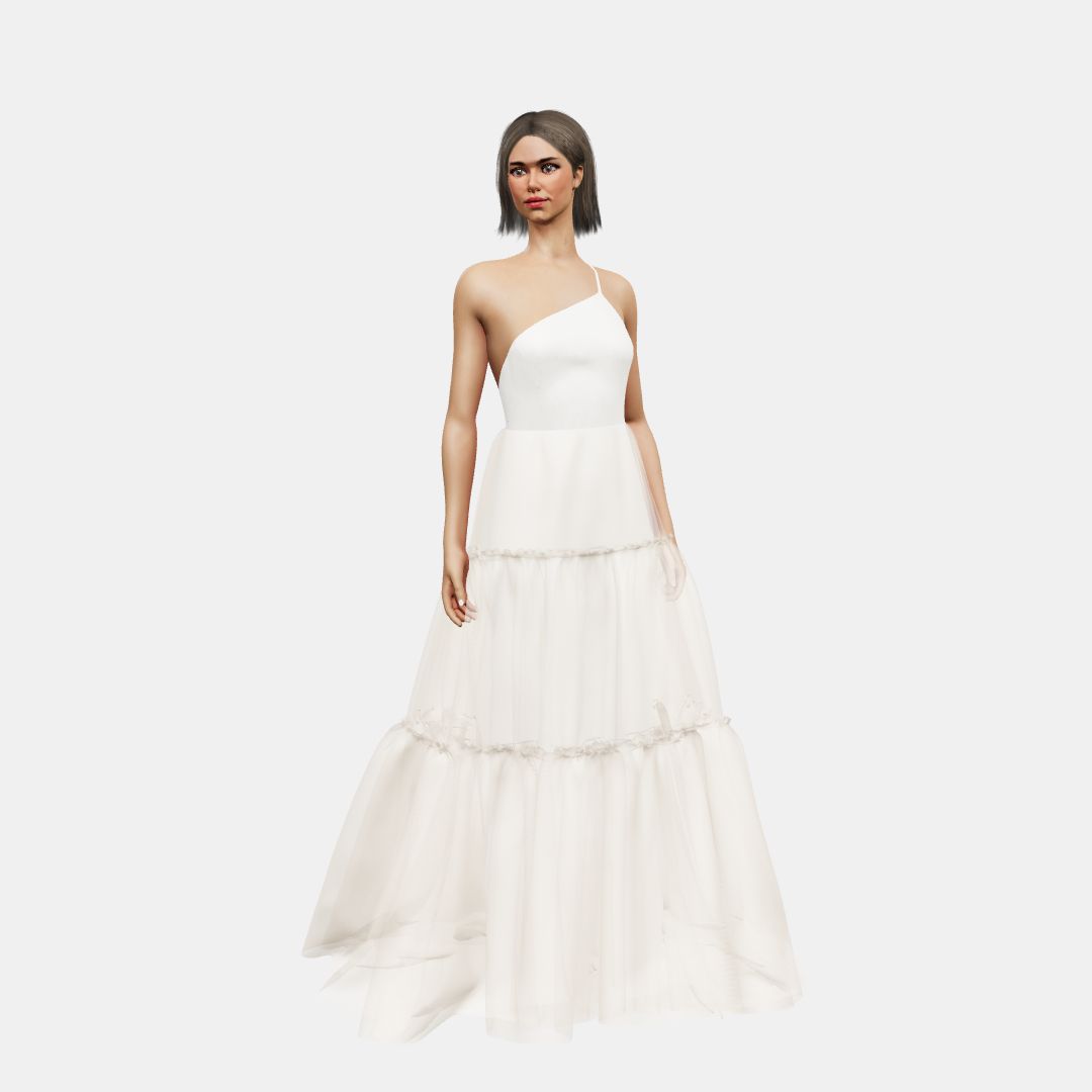 One shoulder + A-lined tiered tulle Matt Silk / Tulle-Nude