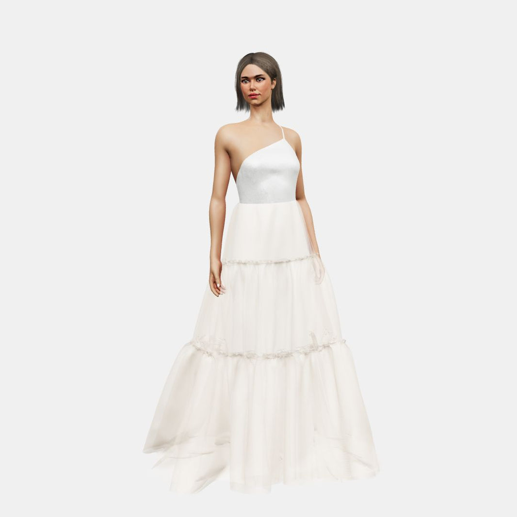 One shoulder + A-lined tiered tulle Shinny Charmeuse / Tulle-Nude