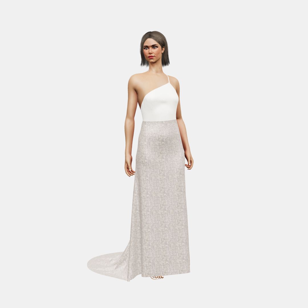 One shoulder + column Matt Silk / Beaded Sequin Tulle