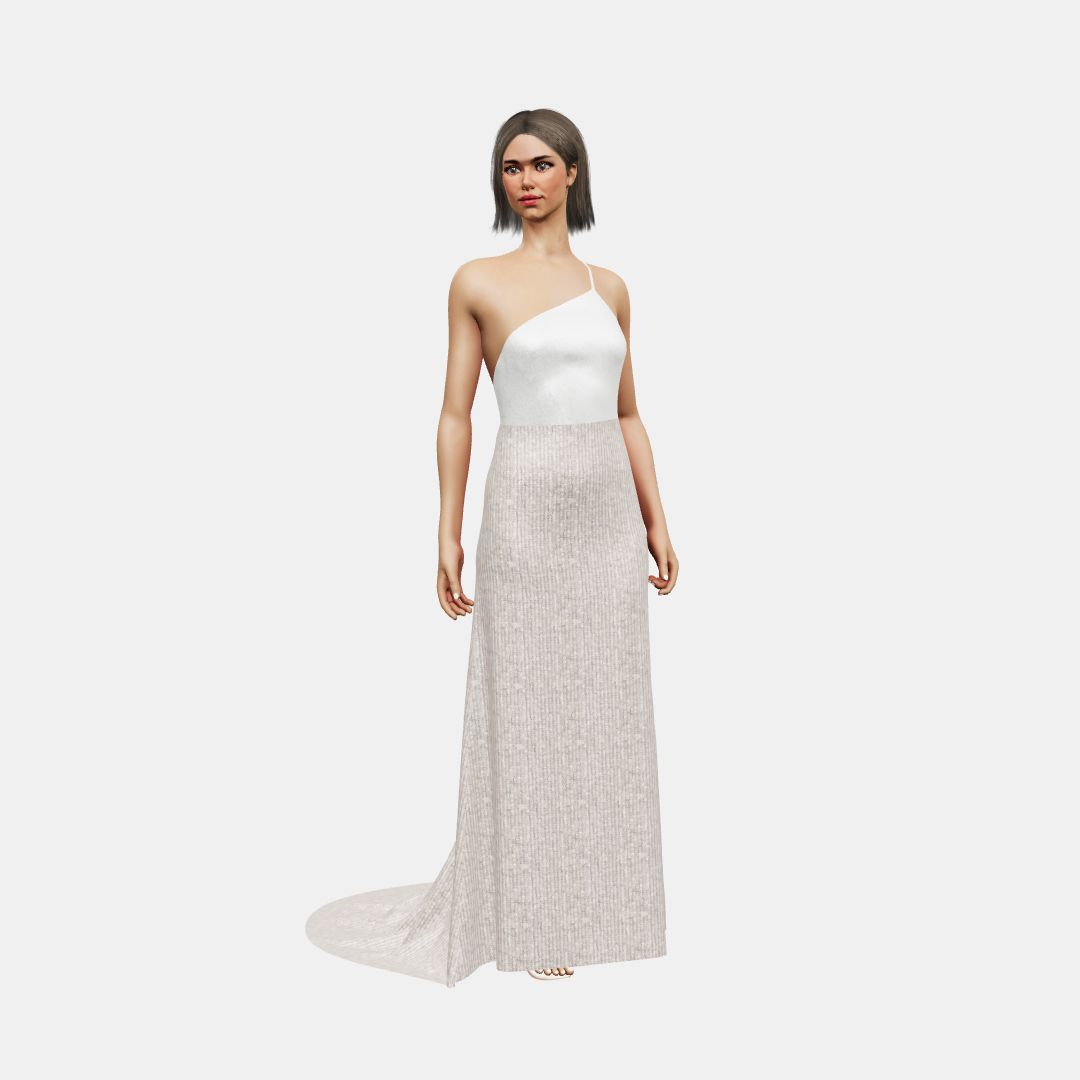 One shoulder + column Shinny Charmeuse / Beaded Sequin Tulle