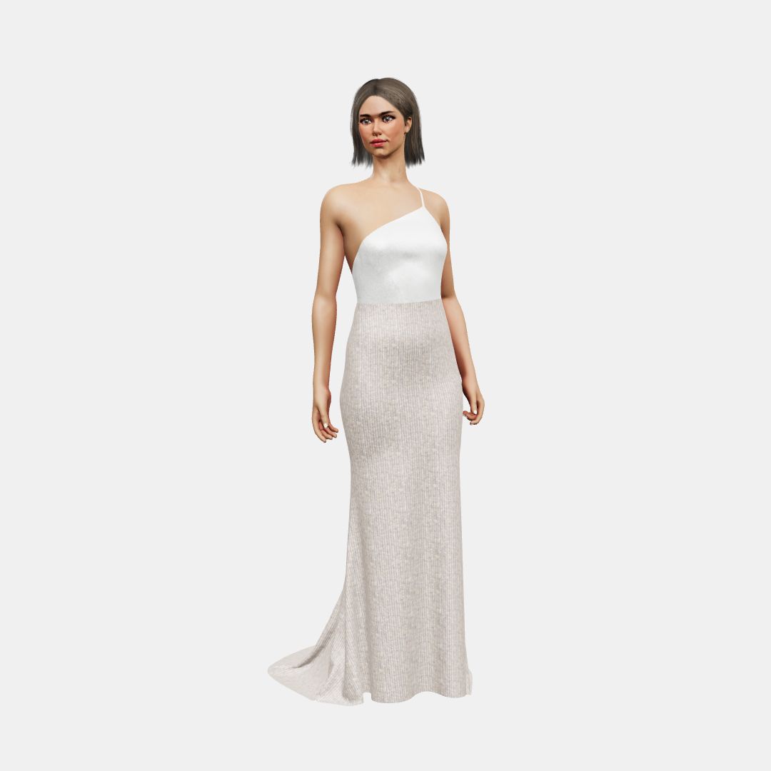 One shoulder + trumpet Shinny Charmeuse / Beaded Sequin Tulle