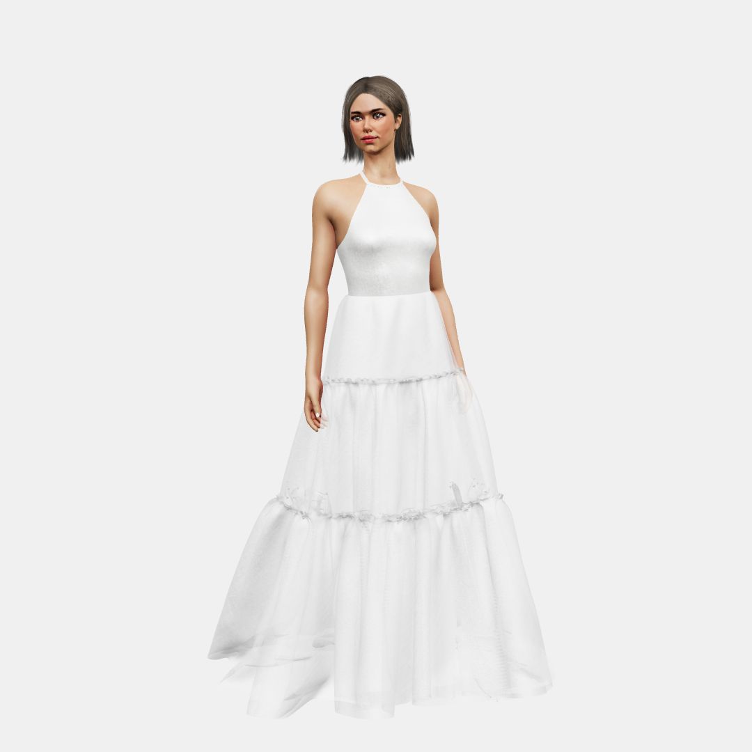 Halter neck + A-lined tiered tulle Shinny Charmeuse / Chiffon