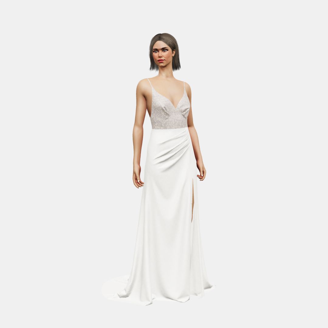 Deep neck and open back + draped Beaded Sequin Tulle / Matt Silk