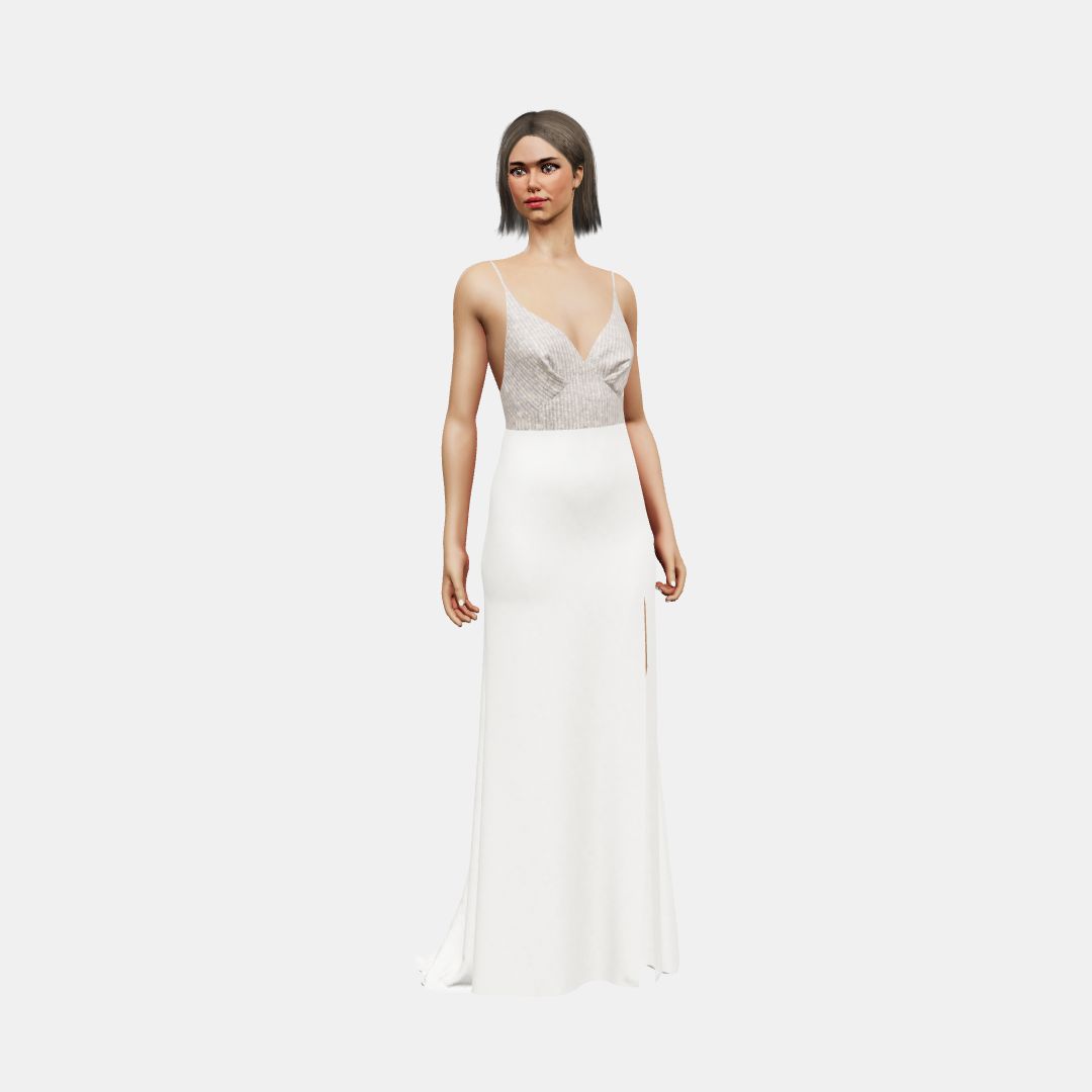 Deep neck and open back + column with slit Beaded Sequin Tulle / Matt Silk