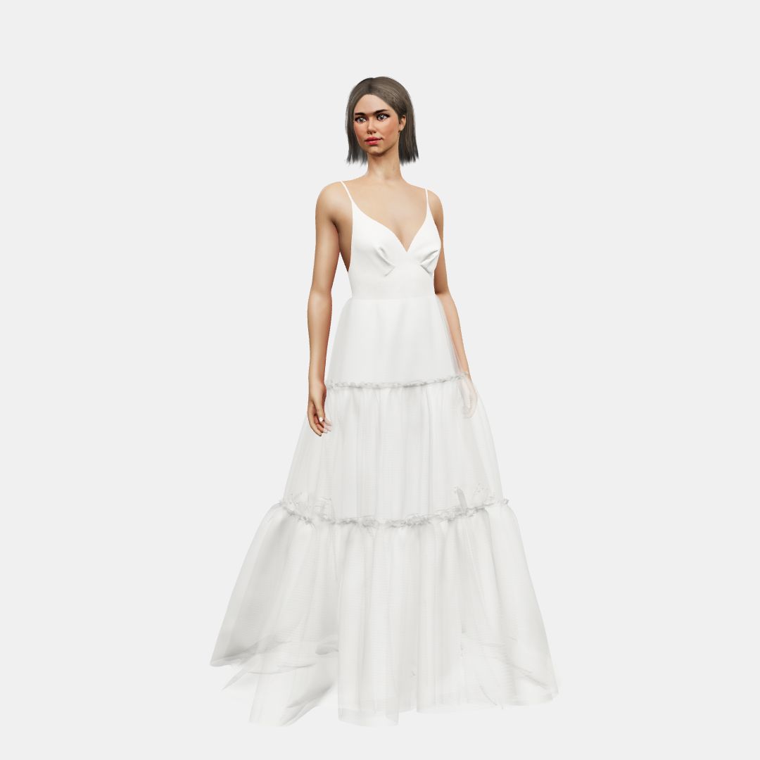 Deep neck and open back + A-lined tiered tulle Matt Silk / Tulle-Ivory