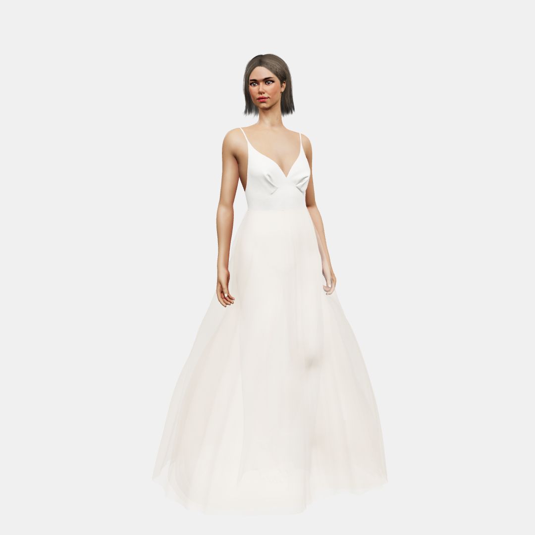 Deep neck and open back + A-lined tulle Matt Silk / Tulle-Nude