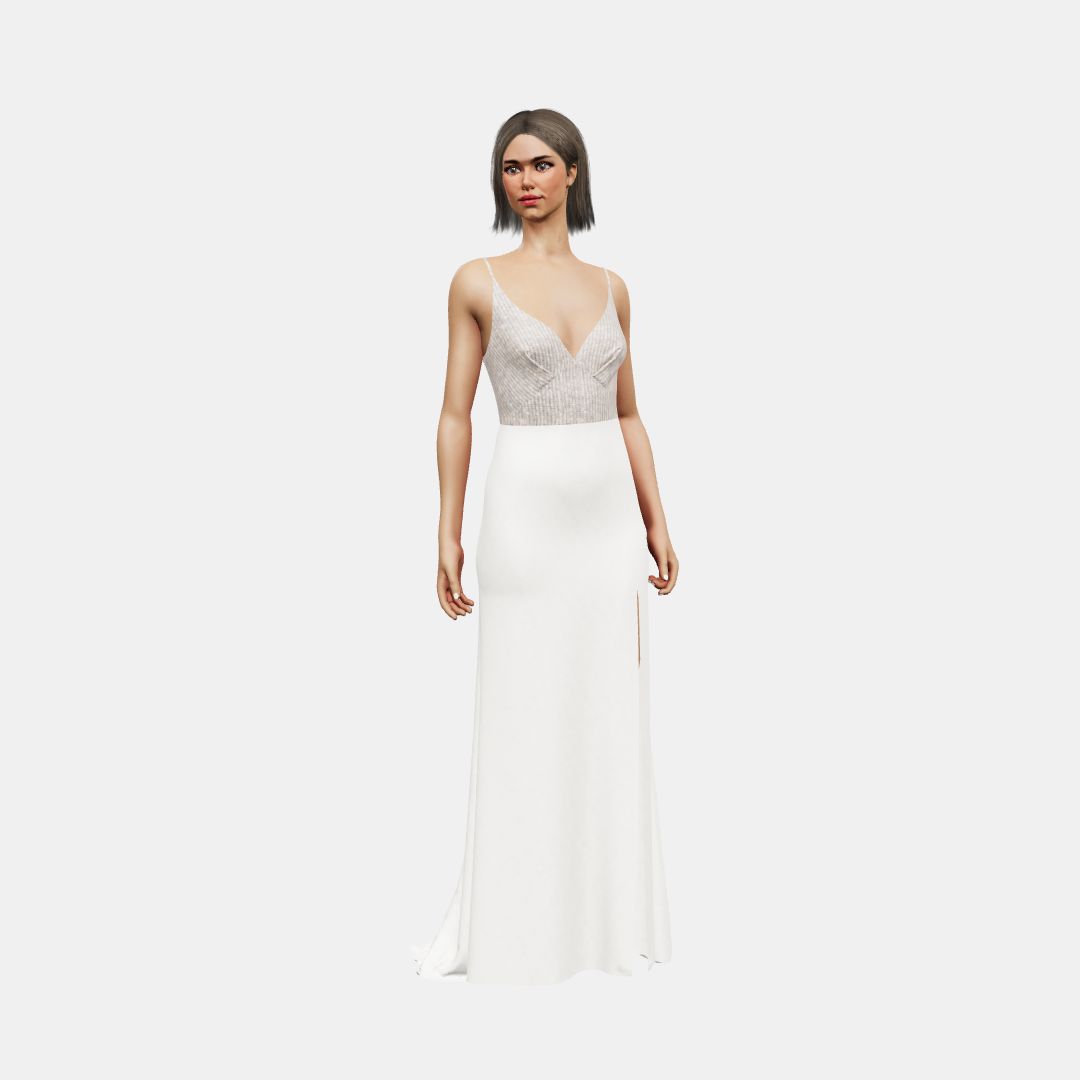 Deep V neck + column with slit Beaded Sequin Tulle / Matt Silk