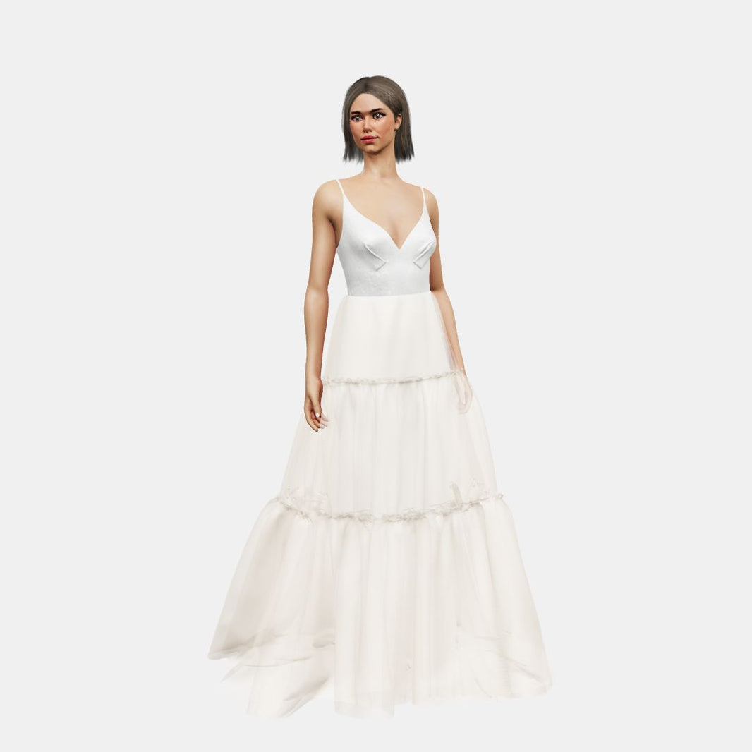 Deep V neck + A-lined tiered tulle Shinny Charmeuse / Tulle-Nude